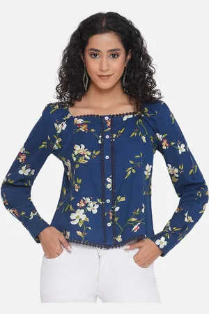 bellamia Floral Printed Square Neck Puff Sleeves Liva Pom Pom Regular Top