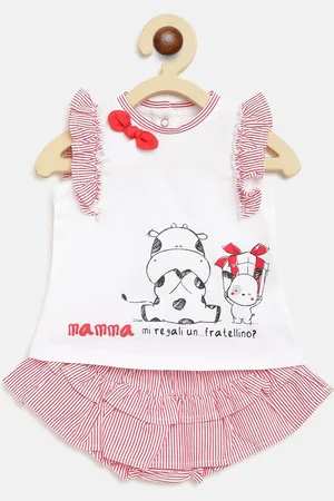 chicco Girls White & Pink Printed Pure Cotton Top with Skirt