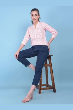 Crimsoune Club Geometric Print Cotton Mandarin Collar Opaque Blouson Casual Top