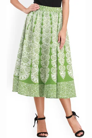 Exotic India Block Printed Motifs Flourite Green Pure Cotton Midi-Skirt