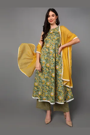 Ahika Women Green Floral Printed Layered Pure Cotton Kurta With Palazzos & Dupatta