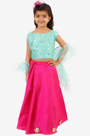 Chipbeys Girls Pink & Blue Embellished Ready to Wear Lehenga & Blouse with Dupatta