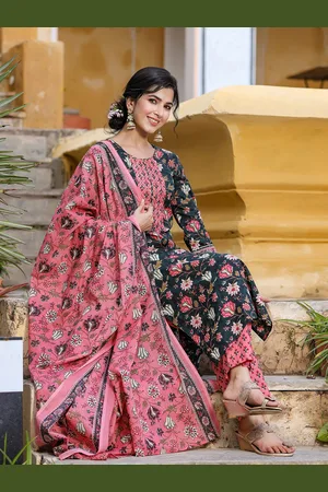 Ahika Teal Floral Printed Straight Kurta With Trousers & Dupatta
