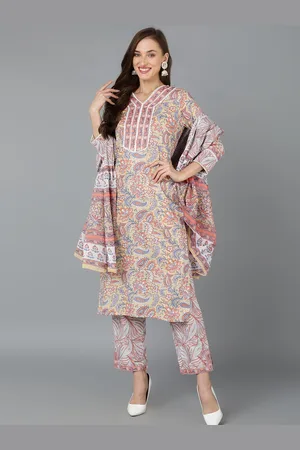 Ahika Floral Printed V Neck Pure Cotton Kurta With Trousers & Dupatta
