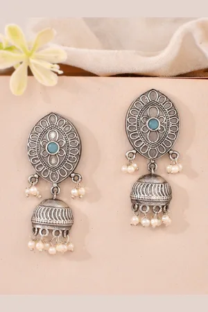 Dastoor Silver-Plated Teardrop Shaped Oxidised Jhumkas