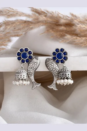 Dastoor Silver-Plated Beaded Contemporary Oxidised Jhumkas