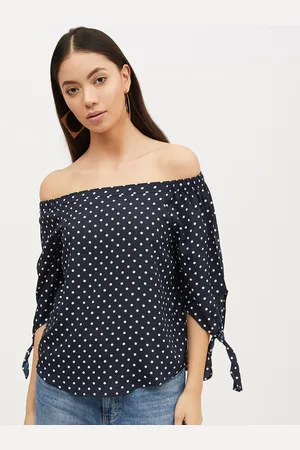 Harpa Women Navy Blue Printed Bardot Top