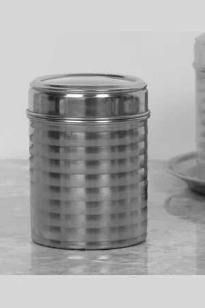 Home Centre Silver-Toned Striped Stainless Steel Canister with Matt Finish