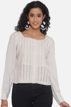 bellamia Self Design Schiffli Square Neck Regular Top