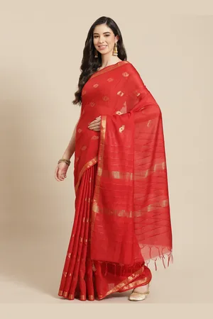 swatika Red & Golden Zari Silk Blend Bhagalpuri Handloom Saree & Unstitched Blouse Piece