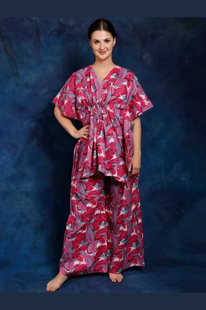Exotic India Carmine Pure Cotton Kaftan Style Co-Ord Set with All-Over Leaf Print