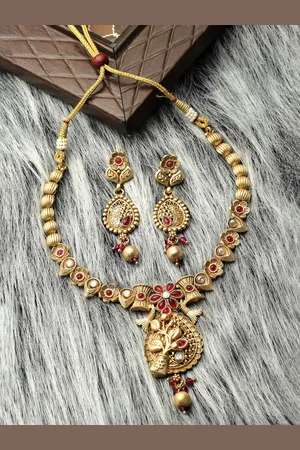 Arrabi Gold-Plated Kundan-CZ Studded & Beaded Necklace & Earrings Set