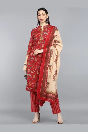 Ahika Women Red Floral Printed Regular Pure Cotton Kurta with Trouser & Dupatta