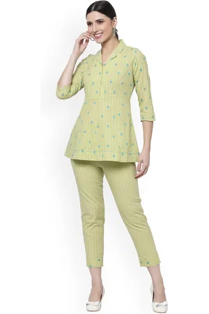 Kalini Nimbu Pani Striped Cuban Collar Pure Cotton Top With Trousers