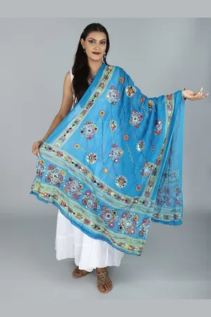 Exotic India Diva Blue Hand-Embroidered Florals and Mirrors Pure Cotton Dupatta