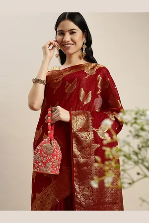 swatika Red Woven Design Silk Blend Bhagalpuri Saree with Unstitched Blouse Piece
