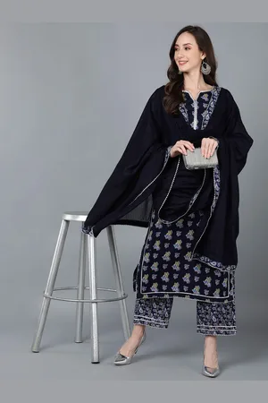 Ahika Navy Blue Printed Gotta Patti Pure Cotton Kurta with Palazzos & Dupatta