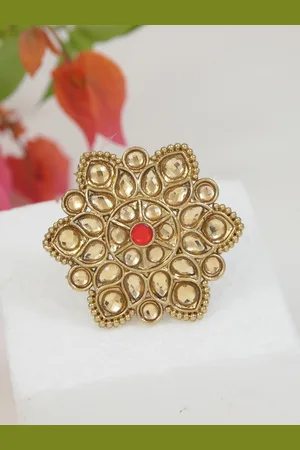 I Jewels Gold-Toned & Red Kundan Studded Gold-Plated Finger Ring