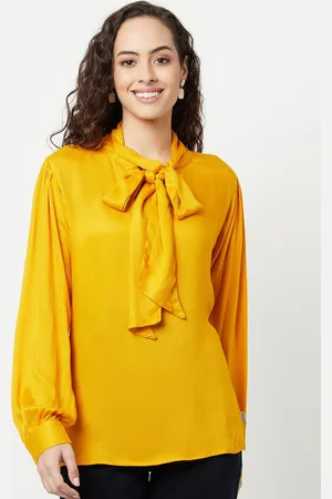 Crimsoune Club Mustard Yellow Tie-Up Neck Top