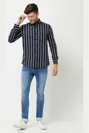 Crimsoune Club Men Navy Blue Slim Fit Striped Casual Shirt