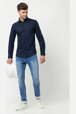 Crimsoune Club Men Navy Blue Slim Fit Horizontal Stripes Striped Pure cotton Casual Shirt