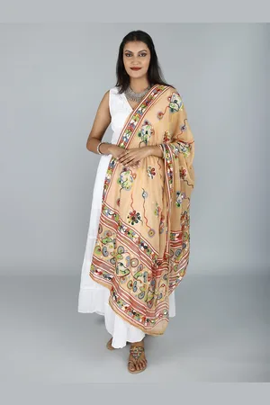 Exotic India Beige Hand-Embroidered Florals and Mirrors Pure Cotton Dupatta