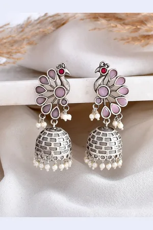 Dastoor Silver-Plated Oxodised Beaded Contemporary Jhumkas