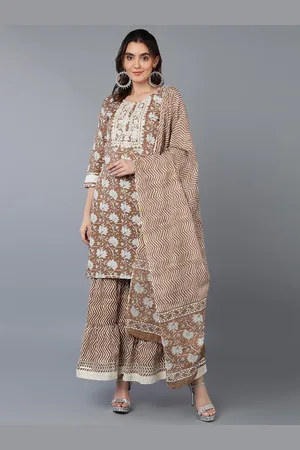 Ahika Beige Yoke Design Ethnic Motifs Printed Pure Cotton Kurta with Sharara & Dupatta