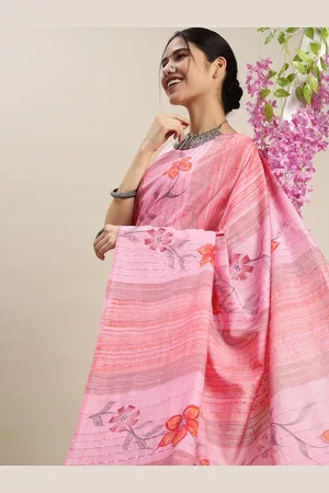 swatika Pink & Grey Floral Printed Silk Blend Bhagalpuri Saree