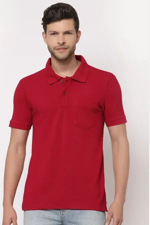 Kalt Men Red Solid Polo Collar Cotton T-shirt
