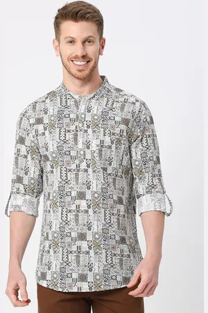 VALEN CLUB Abstract Printed Band Collar Roll Up Sleeves A-Line Kurta