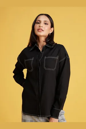 20Dresses Black Drop Shoulder Sleeves Opaque Satin Casual Shirt