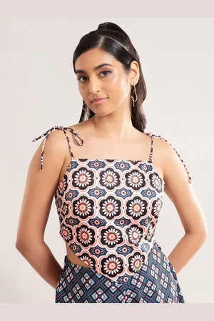 20Dresses Pink & Blue Ethnic Motifs Printed Asymmetric Crop Top