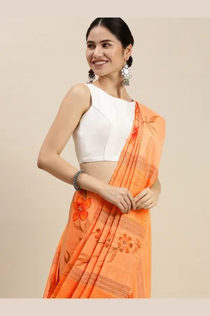 swatika Orange & Brown Floral Printed Silk Blend Bhagalpuri Saree