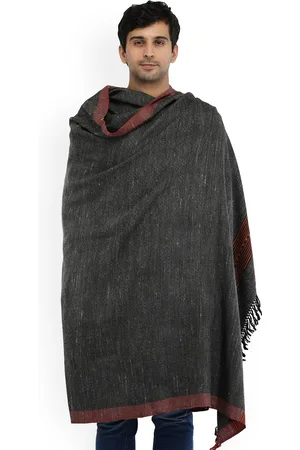 Exotic India Charcoal Pure Wool Kinnauri Woven Border Kullu Palla Shawl for Men