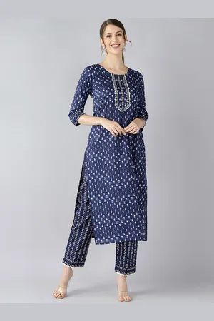 Ahika Women Navy Blue Printed Regular Pure Cotton Kurta with Trousers