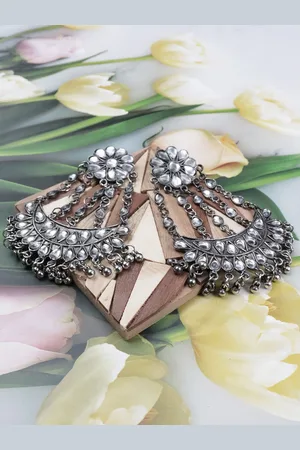 Krelin Silver-Toned Kundan Chandbalis Earrings