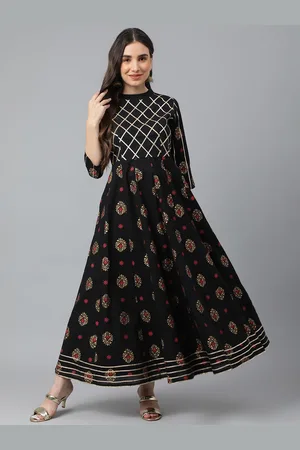 IDALIA Women Black Ethnic Printed Thread Work Anarkali Cotton Kurta