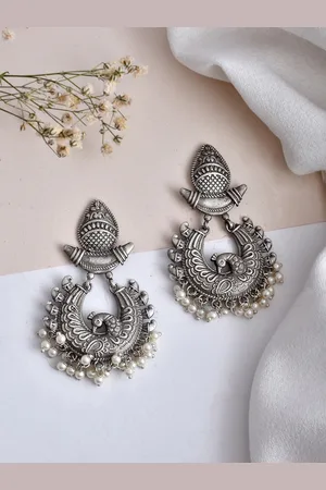 Dastoor Silver-Plated Artificial Beads-Beaded Oxidised Contemporary Chandbalis