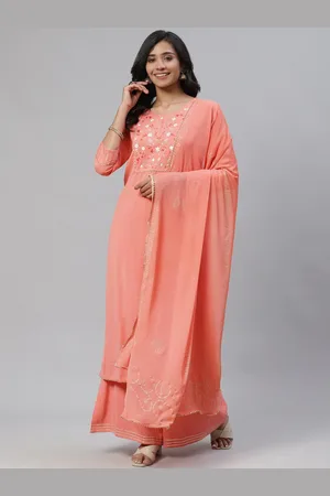 Ahika Women Peach-Coloured Yoke Design Pure Cotton Kurta with Palazzos & Dupatta