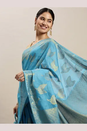 swatika Turquoise Blue & Gold-Toned Ethnic Motifs Zari Silk Blend Bhagalpuri Saree