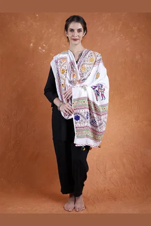 Exotic India Bright White Printed Dupatta with Hand-Embroidered Florals & Mirrors