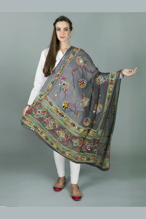 Exotic India Charcoal Gray Hand-Embroidered Florals and Mirrors Pure Cotton Dupatta