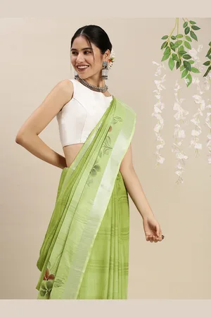 swatika Green & Grey Floral Printed Linen Blend Bhagalpuri Saree