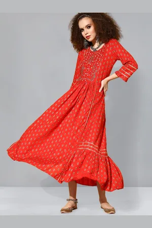 Kvsfab Floral Printed Gota Patti Embroidered A-Line Cotton Ethnic Dress