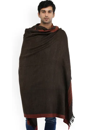 Exotic India French Roast Pure Wool Kinnauri Woven Border Kullu Palla Shawl for Men