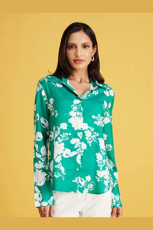 20Dresses Green & White Floral Printed Satin Casual Shirt
