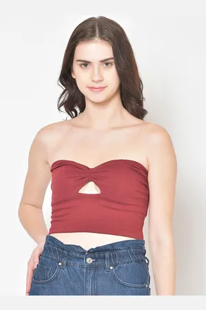 Cation Women Maroon Solid Tube Pure Cotton Top