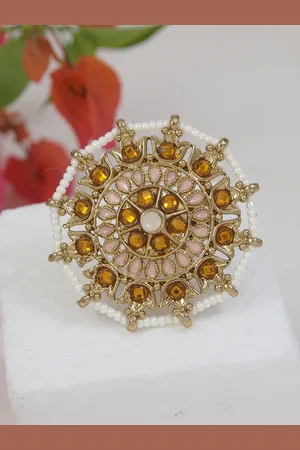 I Jewels Gold-Toned & White Beaded & Stone-Studded Gold-Plated Finger Ring