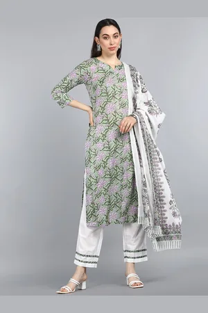 Ahika Women Green Floral Printed Regular Pure Cotton Kurta with Trousers & With Dupatta